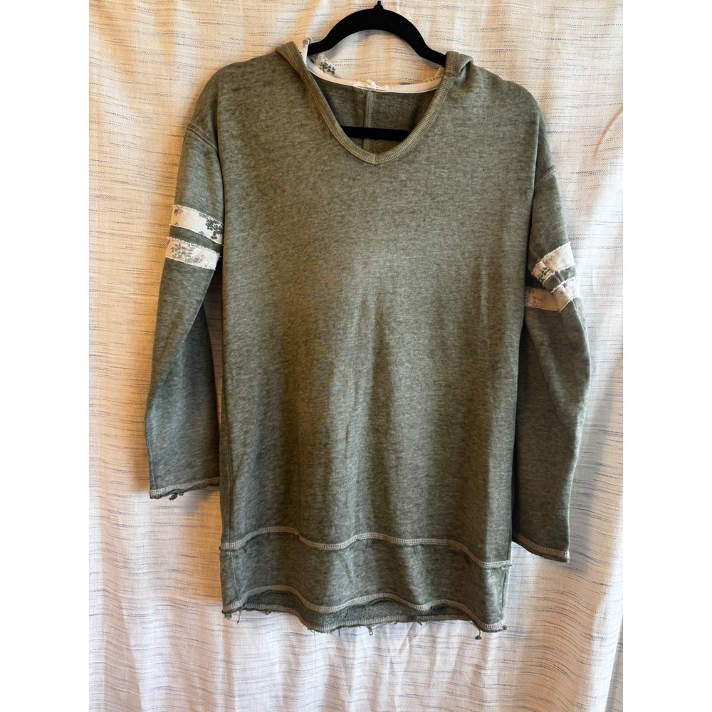 Maurices Olive Green Floral Lace Stripe Tunic Hoodie Sweatshirt XS